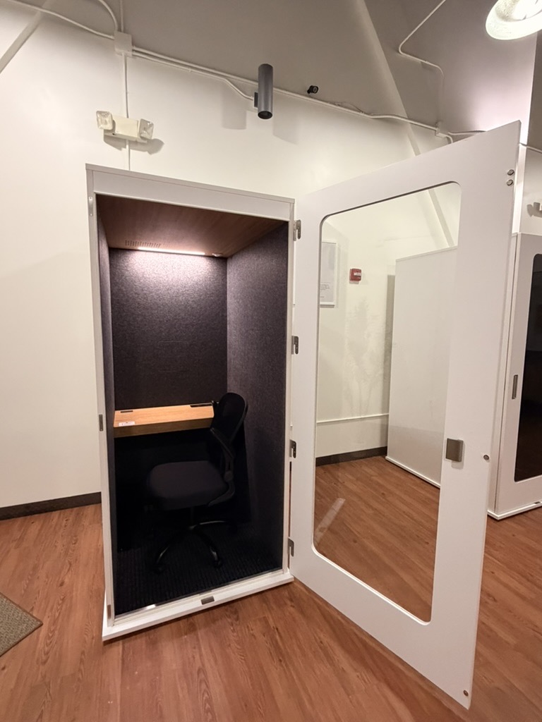 Open Focus Pod showing desk, chair and acoustic-lined interior